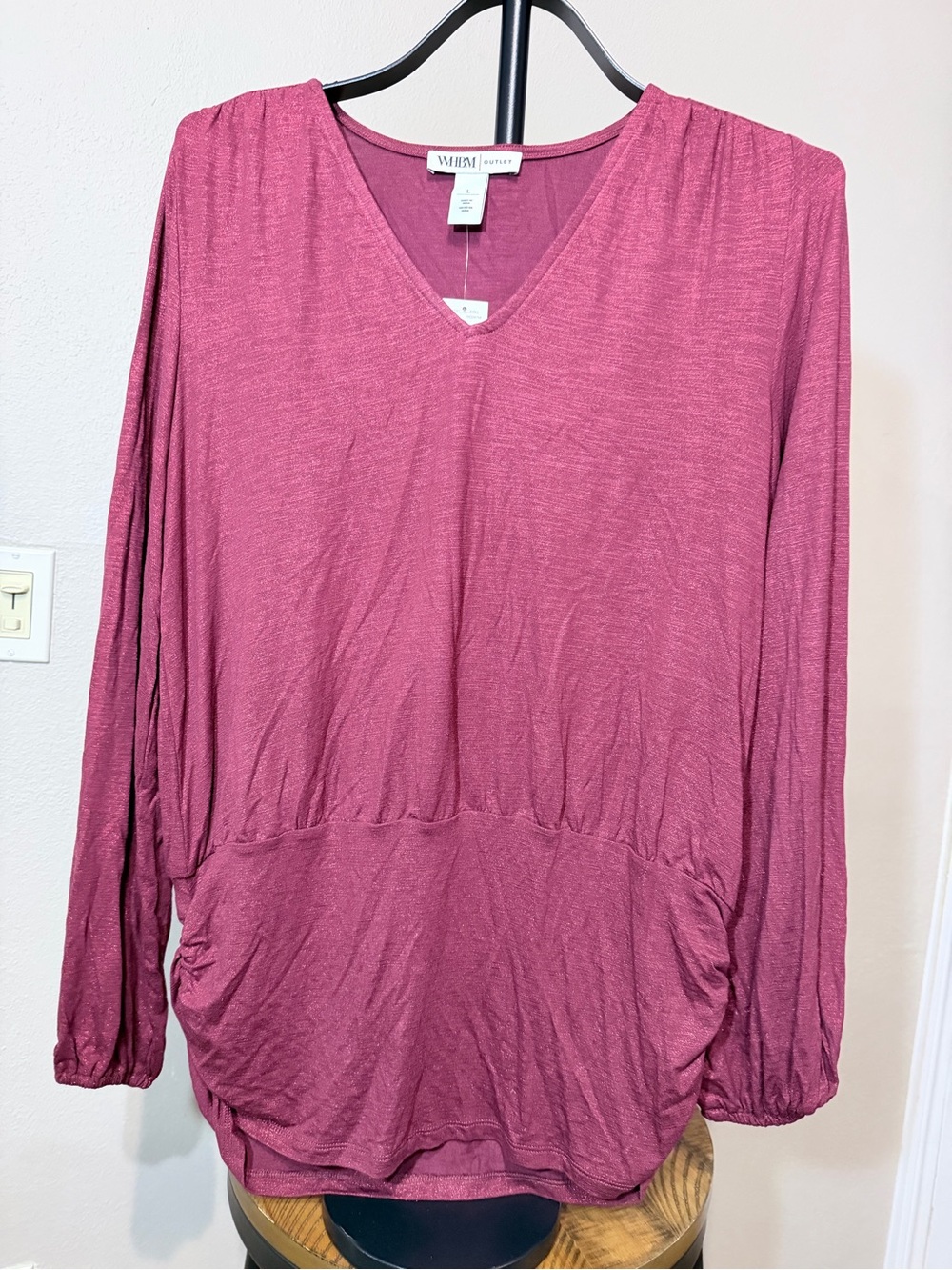 NWT WHBM Outlet Dark Red Long Sleeve Women’s Blouse in size L light Sparkle